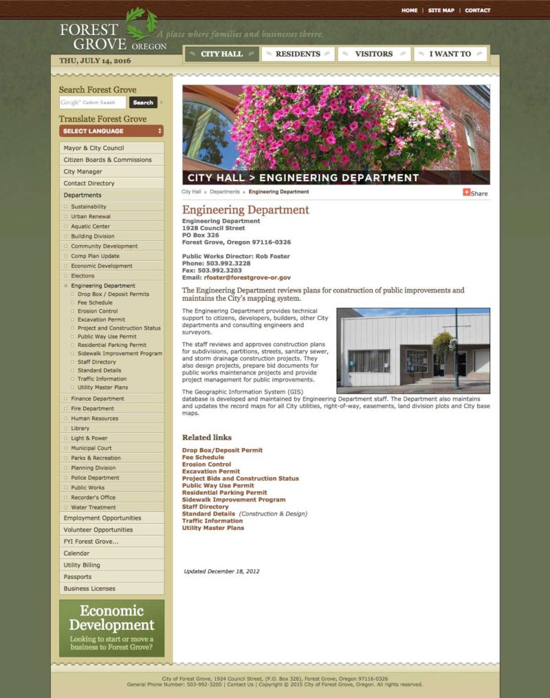 City of Forest Grove Secondary Page